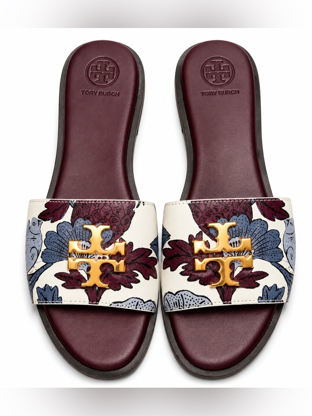 Tory Burch Floral Slide Sandals Size 9 Burgundy Gold Logo Leather Slip On